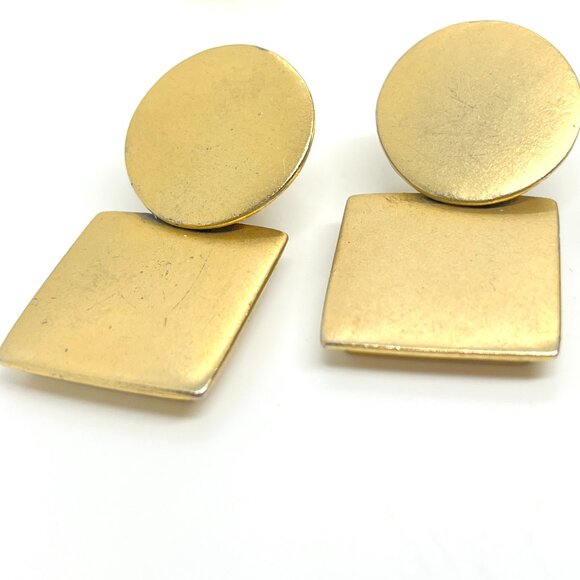 VINTAGE 80S 90S BRUSHED GOLD GEOMETRIC HOOP TEARDROP EARRINGS MODERNIST - Picture 5 of 15